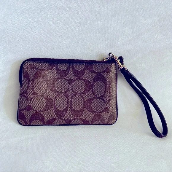 Coach Signature Leather Corner Zip Khaki Cherry Wristlet - Picture 8 of 16